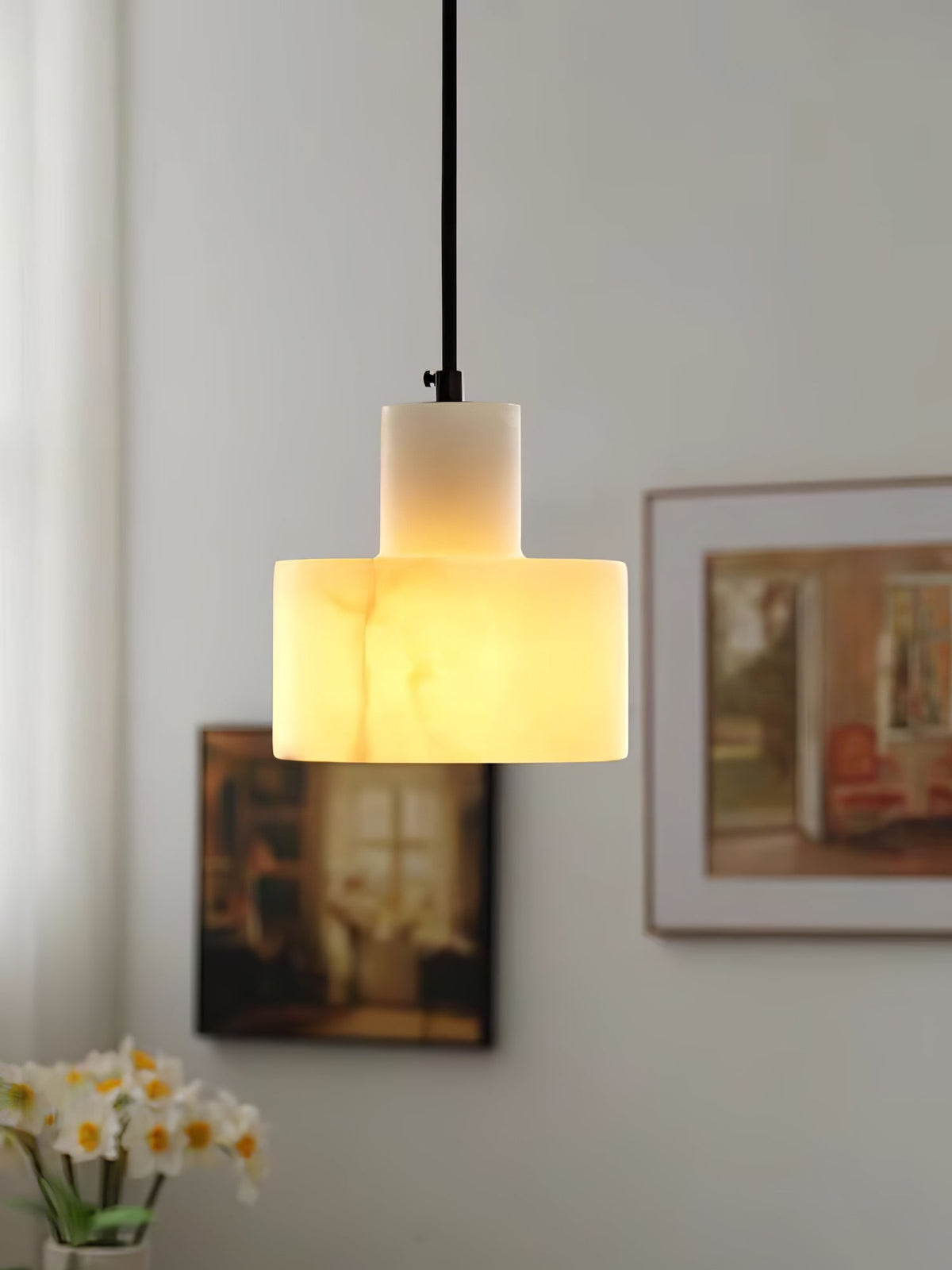 Moderne hanglamp van albast met dubbele cilindervorm