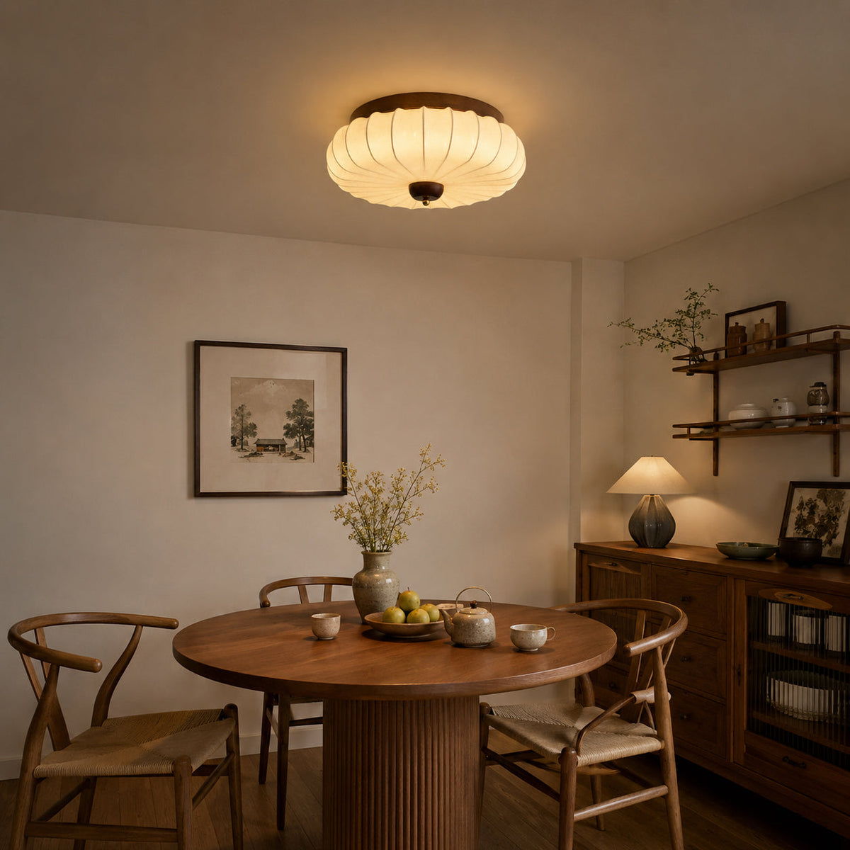 Miroraine vlakke plafondlamp walnootkleurige afwerking beige stoffen kap