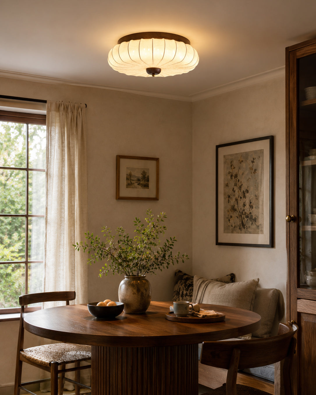 Miroraine vlakke plafondlamp walnootkleurige afwerking beige stoffen kap