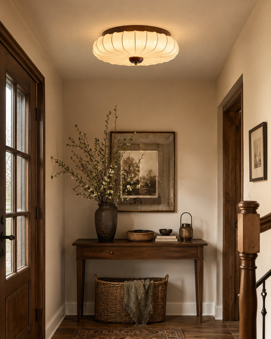 Miroraine vlakke plafondlamp walnootkleurige afwerking beige stoffen kap