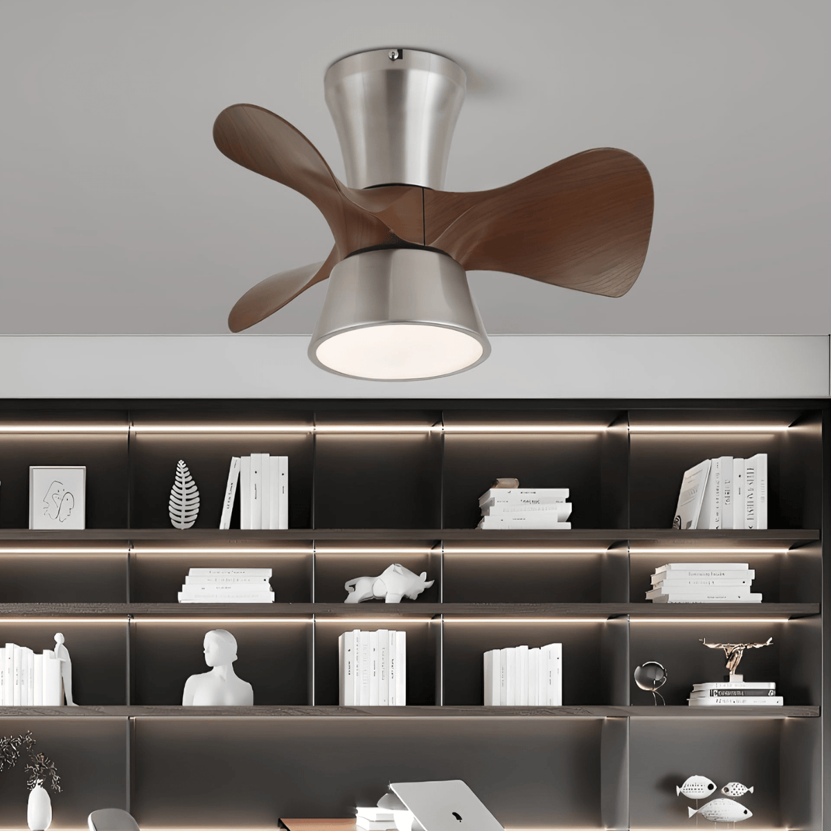 Nera Moderne plafondventilator met verlichting van walnoothout en nikkel