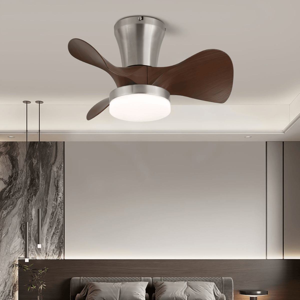 Nera Moderne plafondventilator met verlichting van walnoothout en nikkel