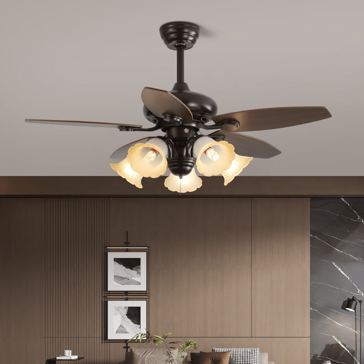 Elviveon Vintage hout glas plafondventilator met verlichting