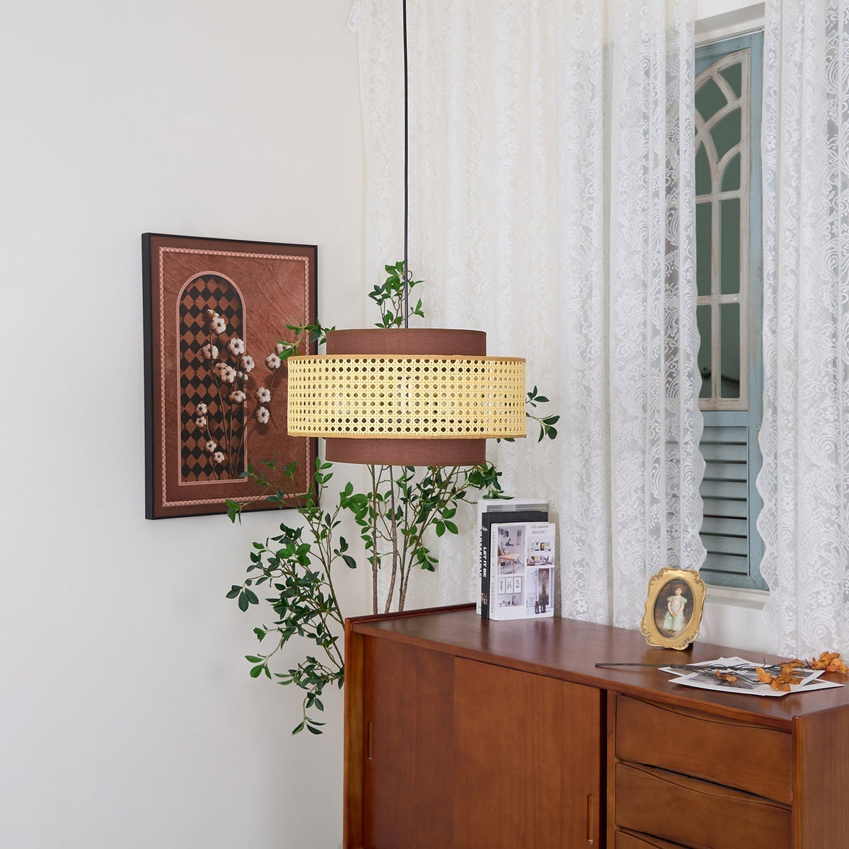 Zerither rotan hanglamp met stoffen kap