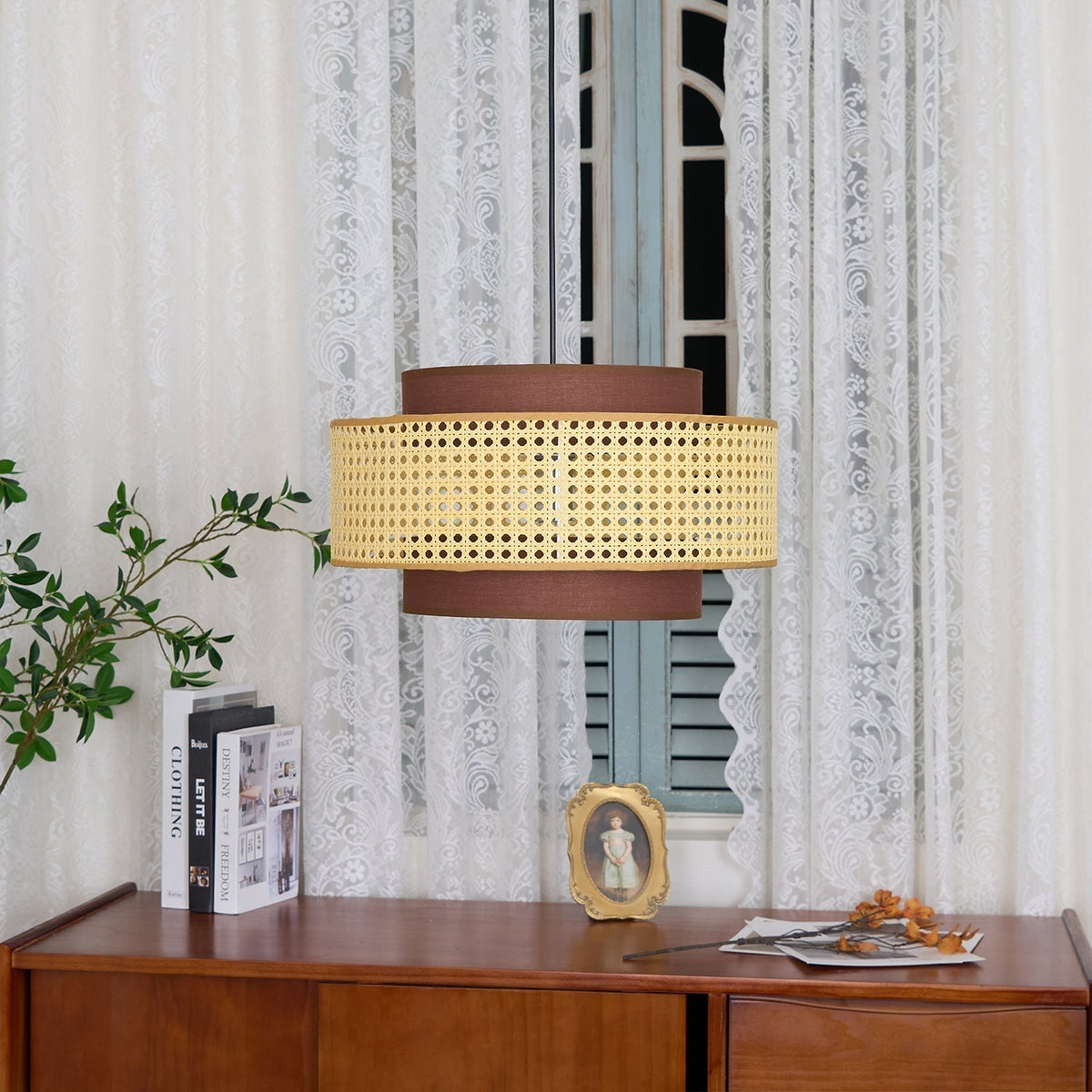 Zerither rotan hanglamp met stoffen kap