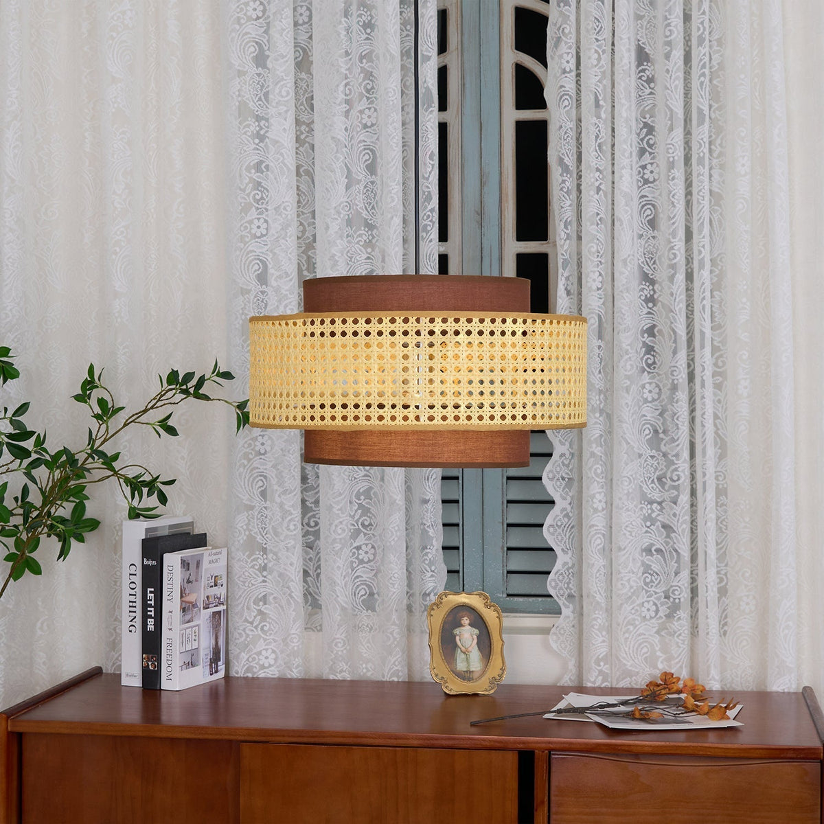 Zerither rotan hanglamp met stoffen kap