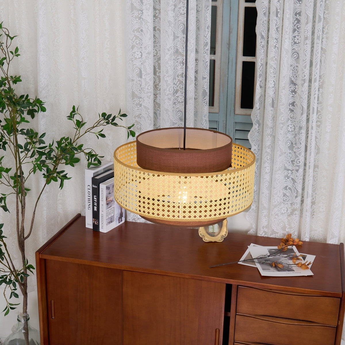 Zerither rotan hanglamp met stoffen kap