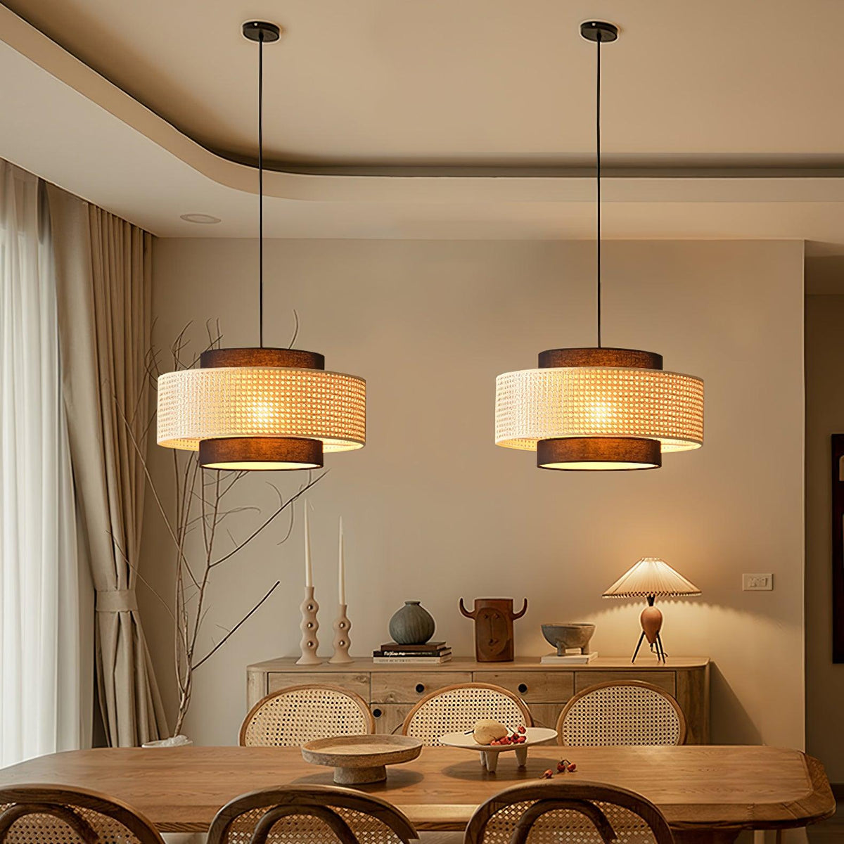 Zerither rotan hanglamp met stoffen kap