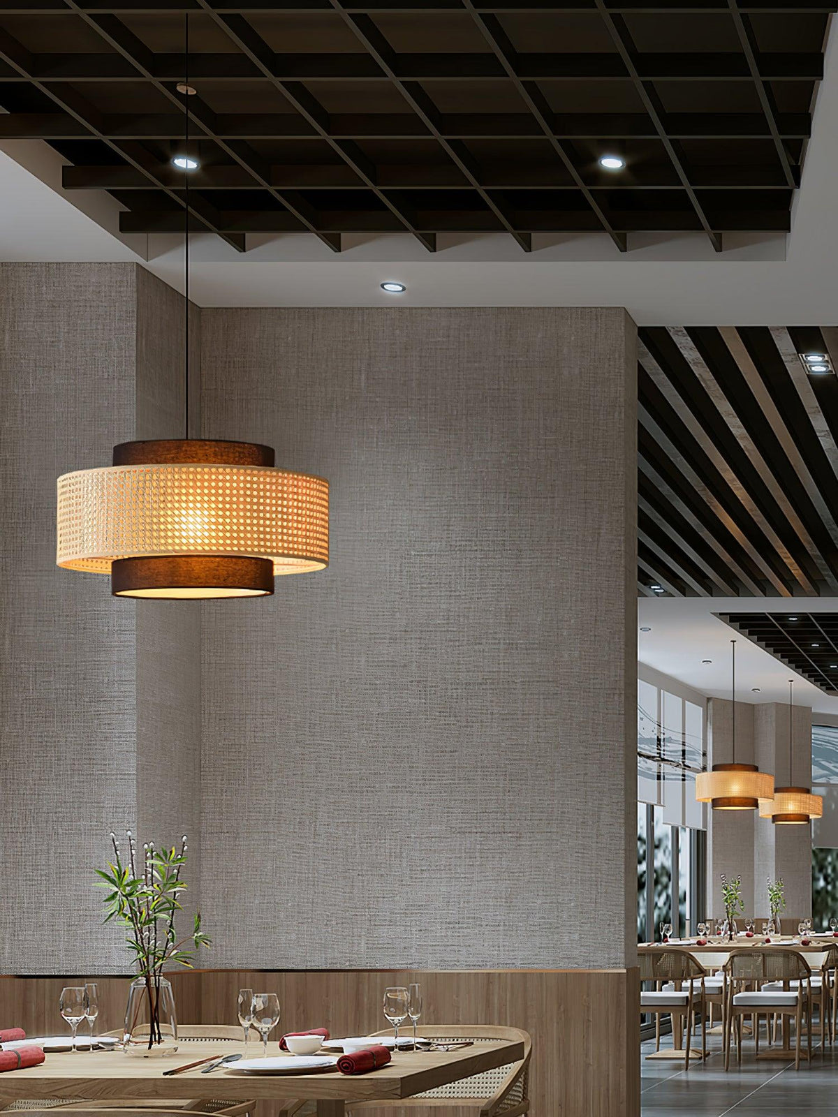 Zerither rotan hanglamp met stoffen kap
