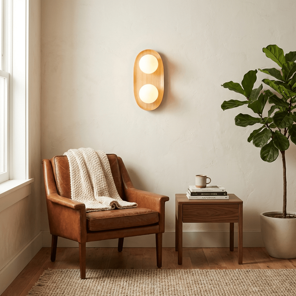 Twin Orb wandlamp met eiken achterplaat