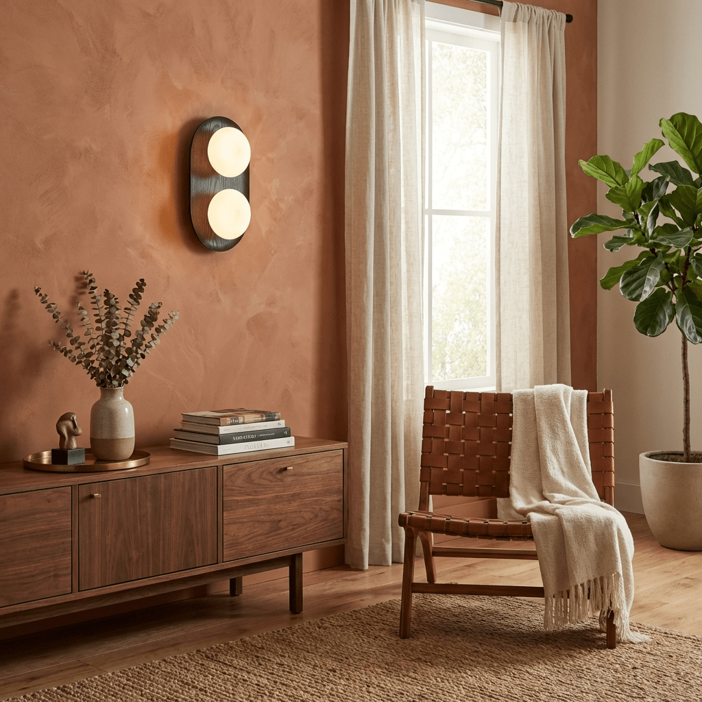 Twin Orb wandlamp met eiken achterplaat