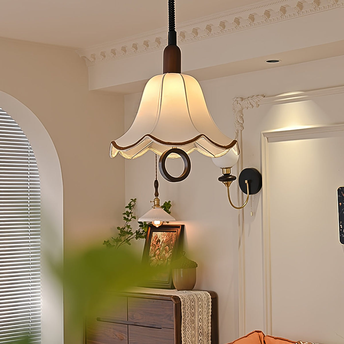 Eurvaryra klassieke elegantie hanglamp van textiel en hout
