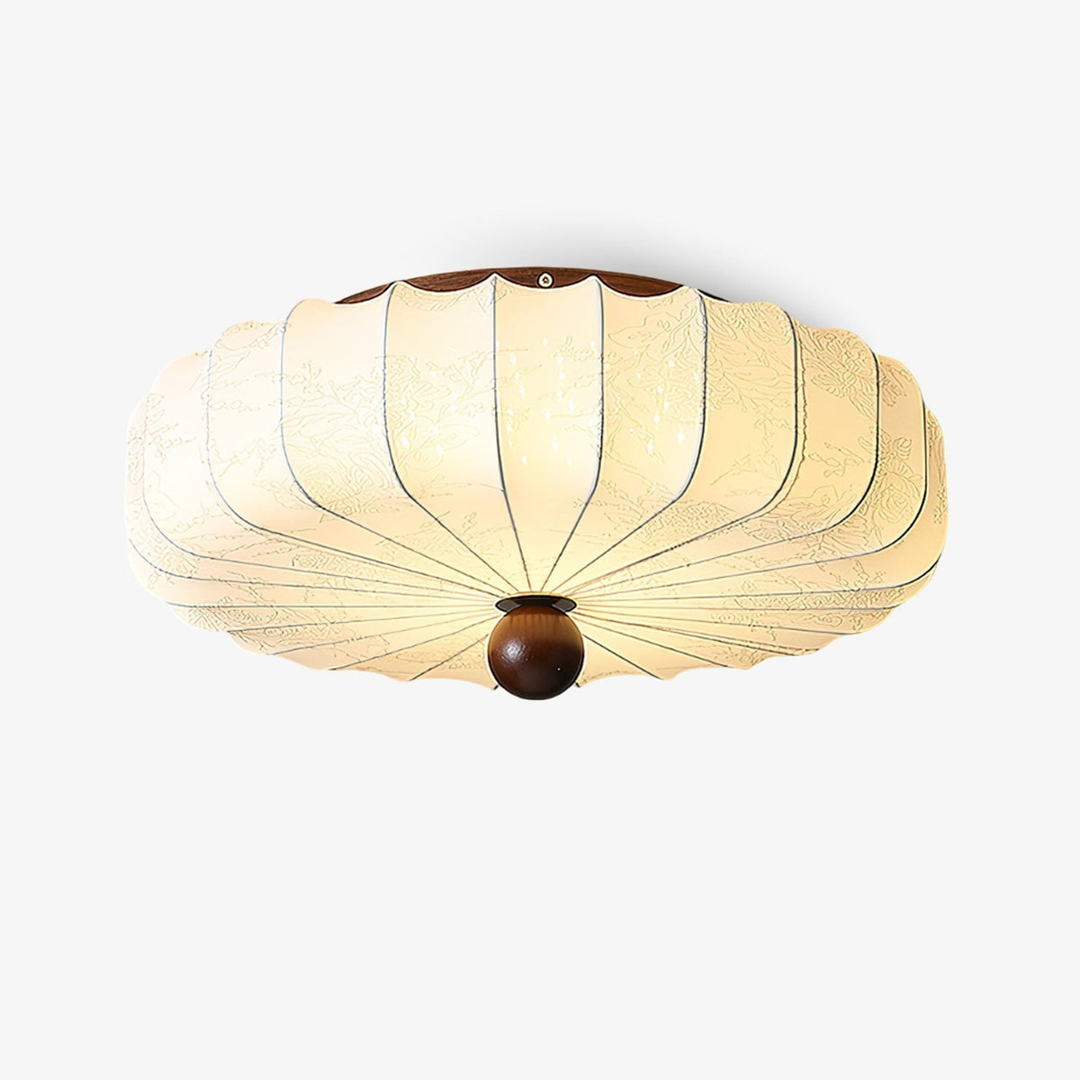 Lotus plafondlamp van walnootkleur en beige stof
