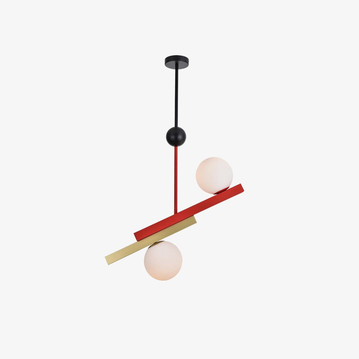 Veveny hanglamp met dubbele bollen en lineaire balken in geometrische stijl