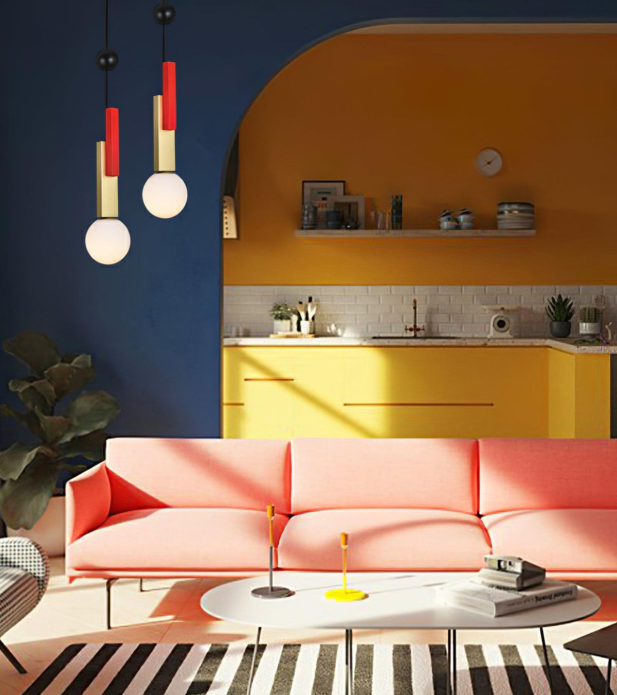 Veveny hanglamp met dubbele bollen en lineaire balken in geometrische stijl