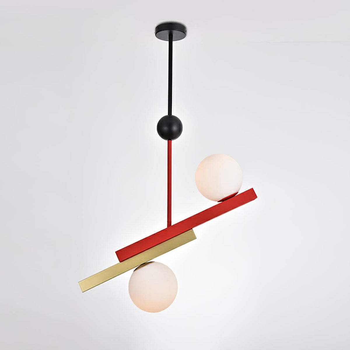 Veveny hanglamp met dubbele bollen en lineaire balken in geometrische stijl
