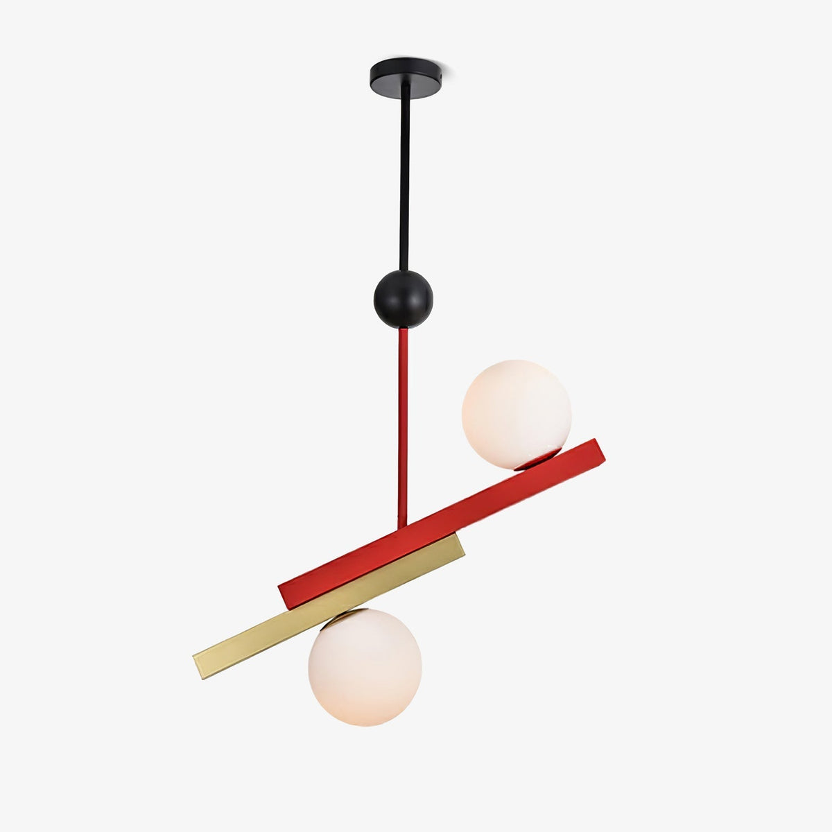 Veveny hanglamp met dubbele bollen en lineaire balken in geometrische stijl