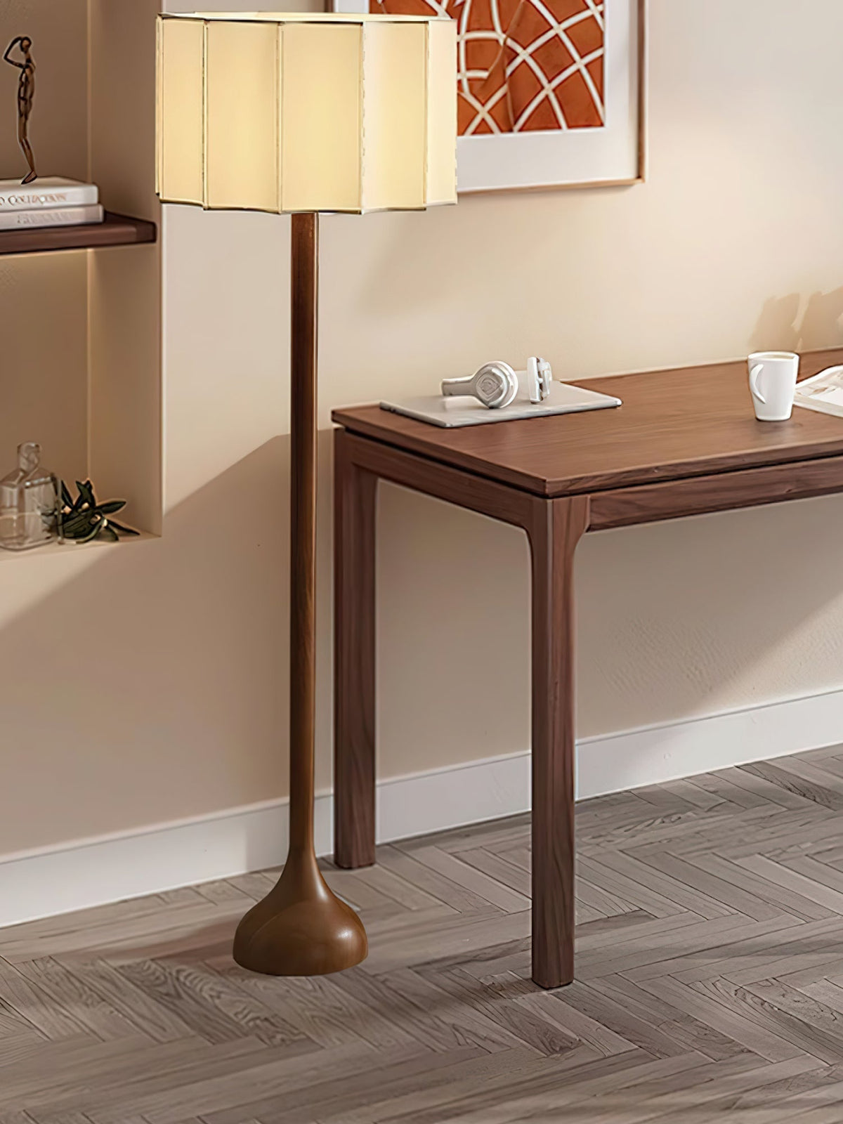 Bexi Minimalistische vloerlamp van walnoothout en beige stof