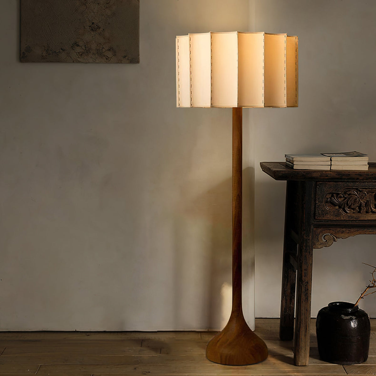 Bexi Minimalistische vloerlamp van walnoothout en beige stof