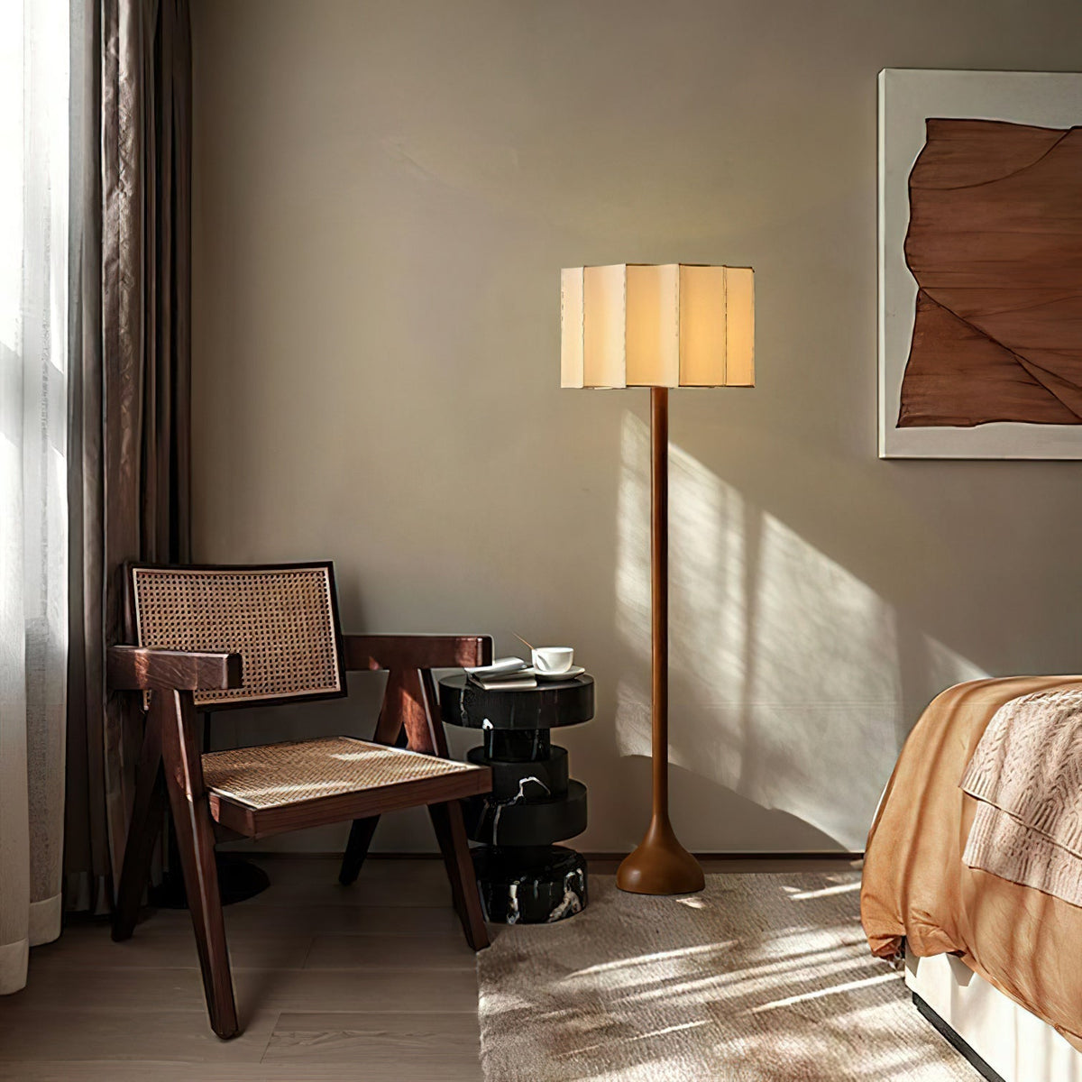 Bexi Minimalistische vloerlamp van walnoothout en beige stof