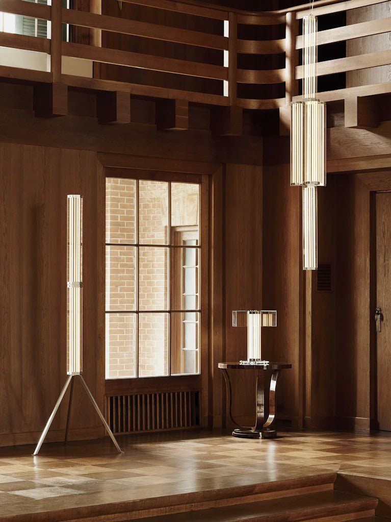 Hexagonal hanglamp van glas met chroomkader