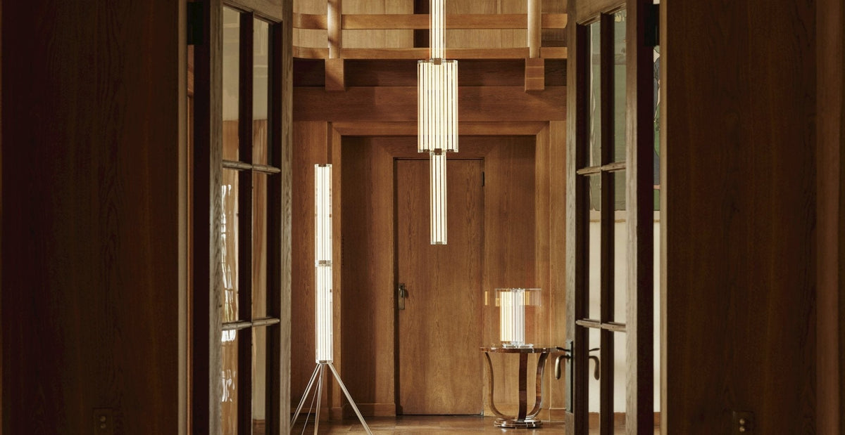 Hexagonal hanglamp van glas met chroomkader