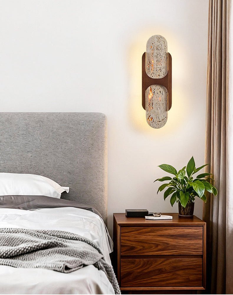 Valarise wandlamp met Geel travertin en Walnoot