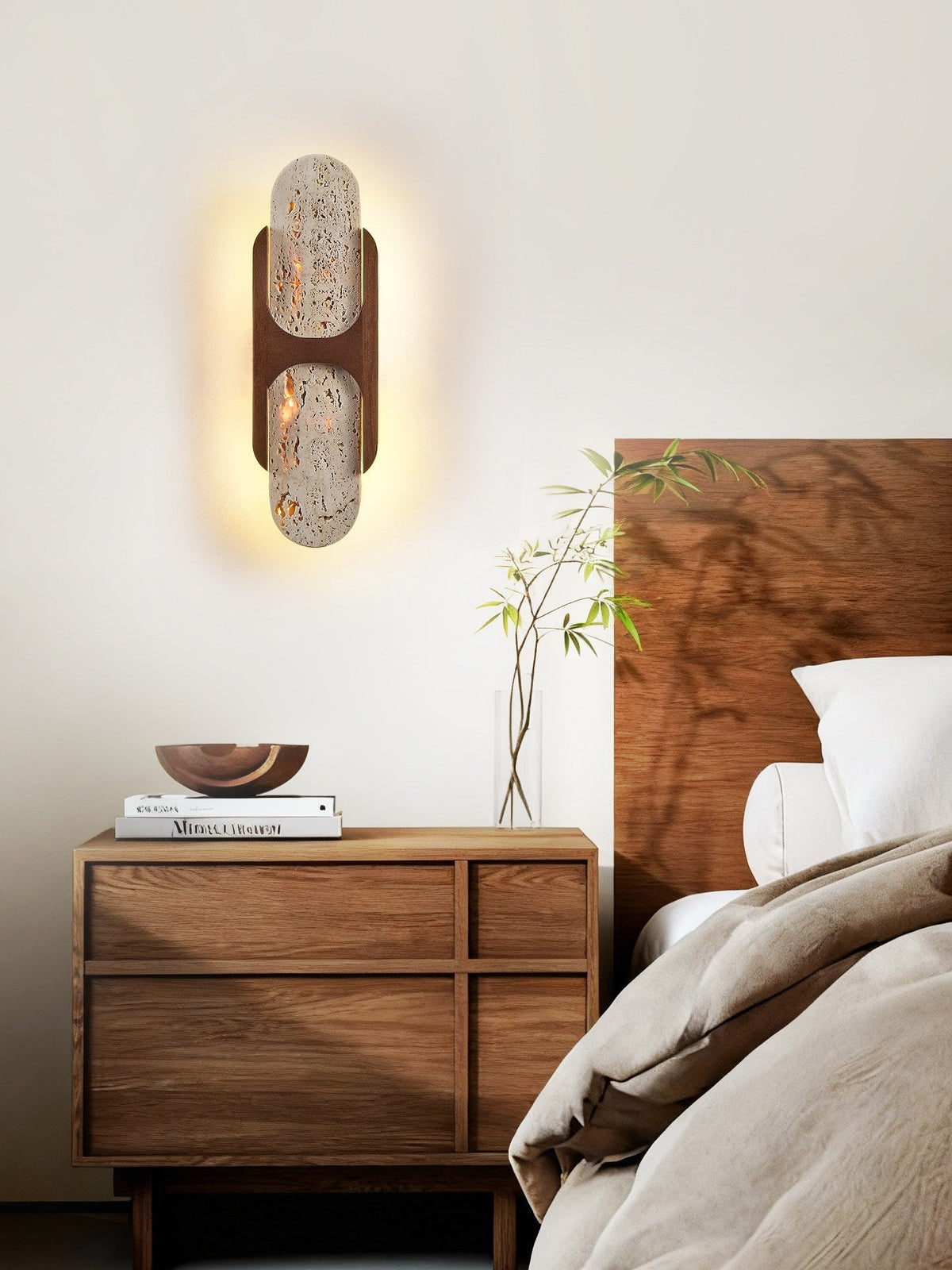 Valarise wandlamp met Geel travertin en Walnoot