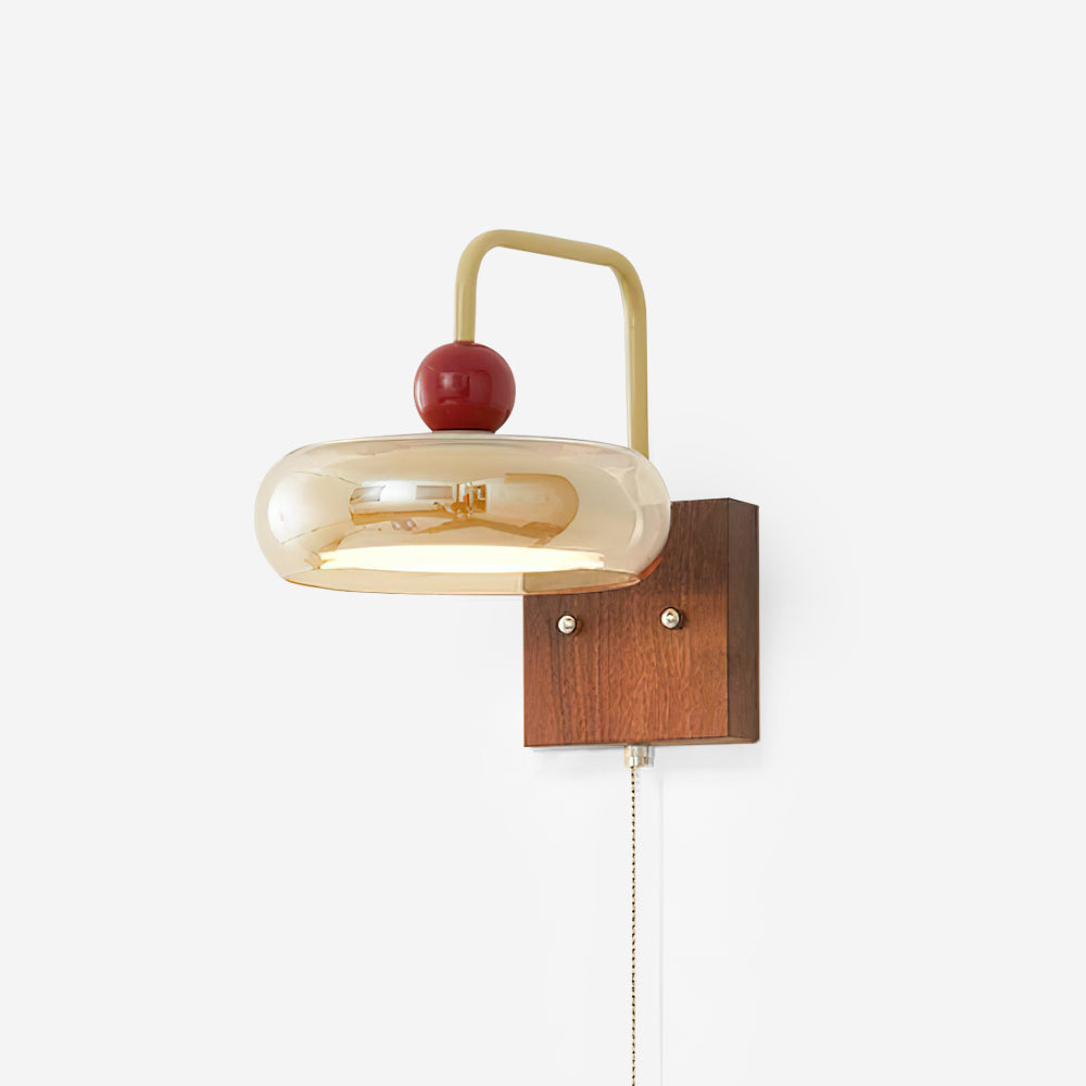 Lumiva wandlamp retro en glas van walnoothout met trekkoord