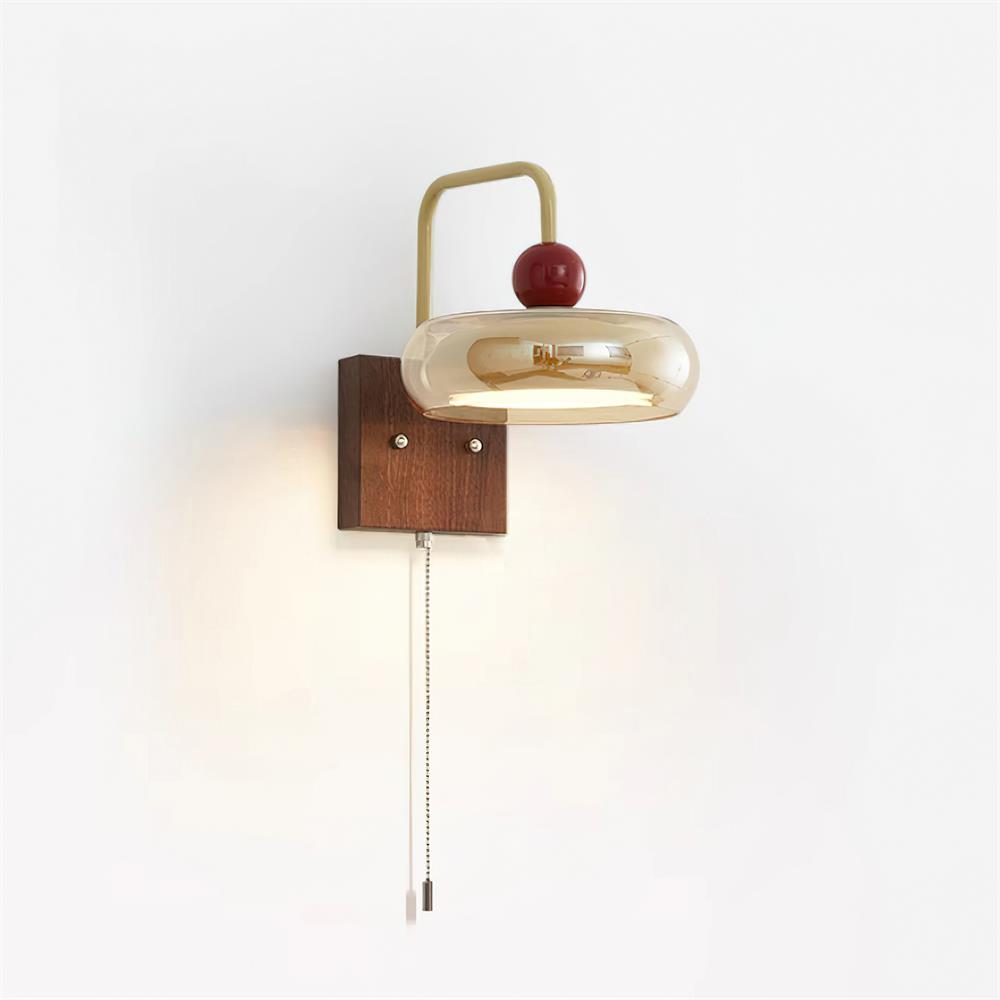Lumiva wandlamp retro en glas van walnoothout met trekkoord