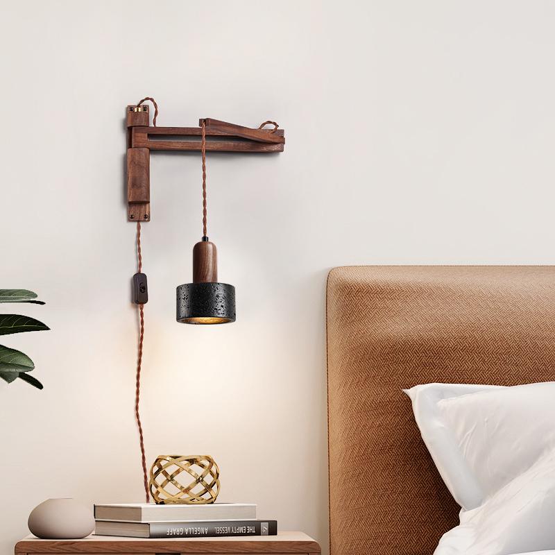 Nulso wandlamp met verstelbare arm, zwart travertin en walnoothout
