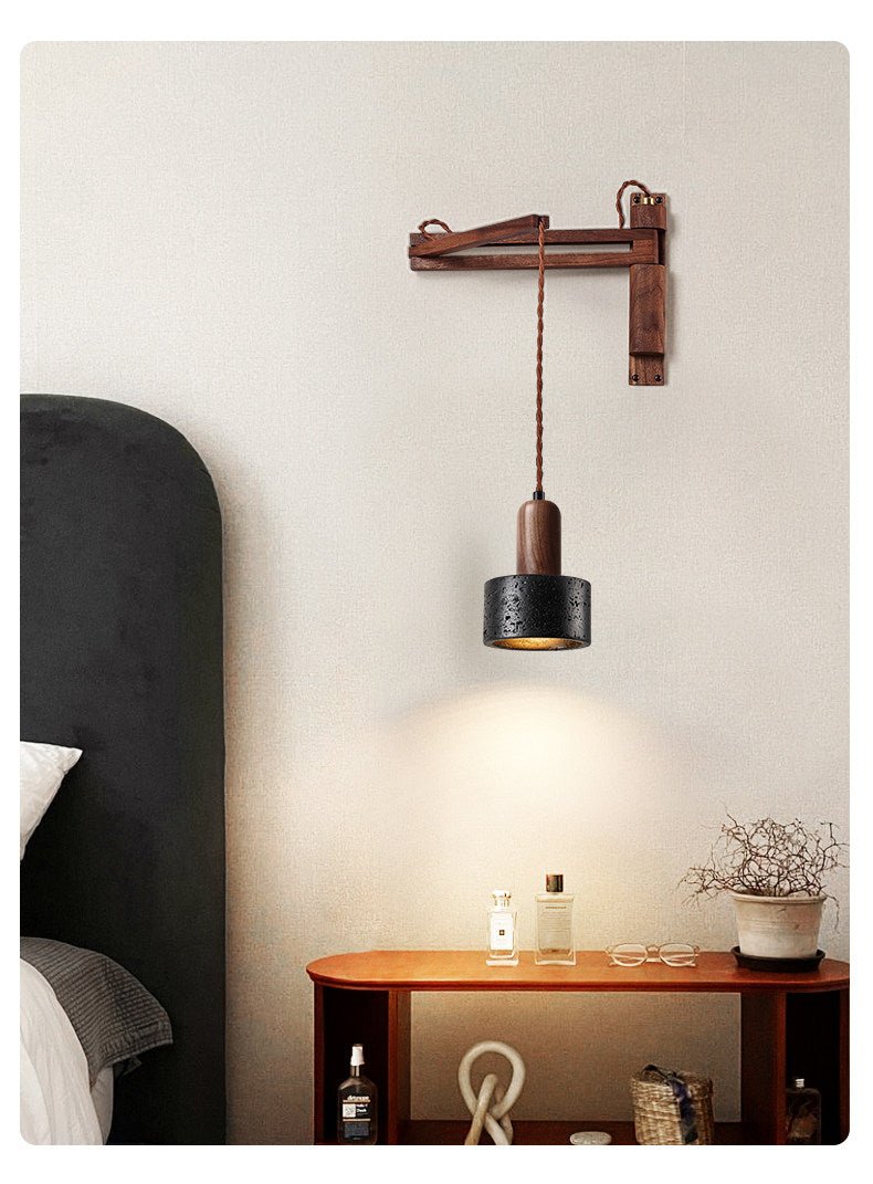 Vamki aanpasbare wandlamp in zwart travertin en walnoothout