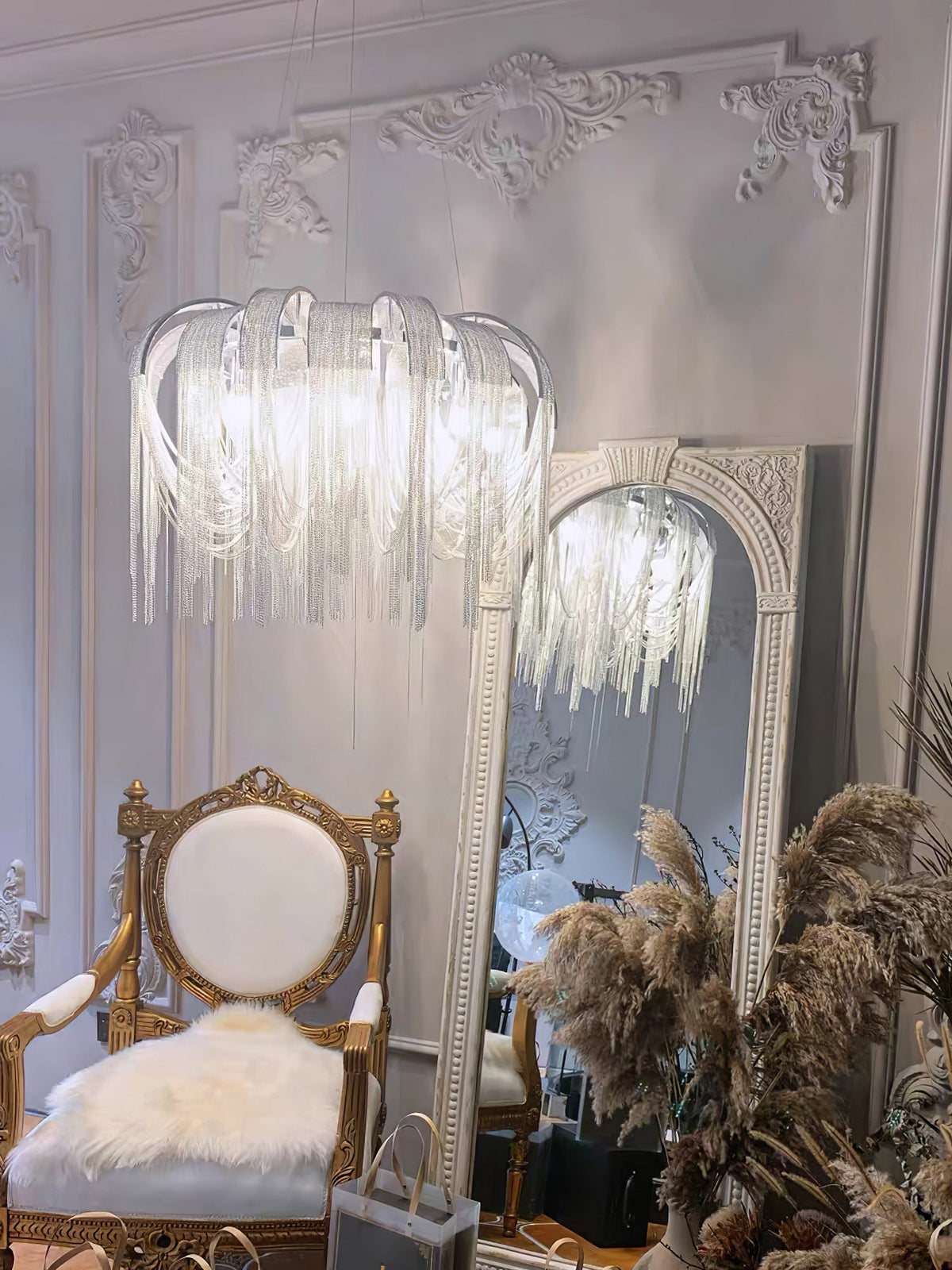 Tarien kroonluchter met gelaagde kettingen in nikklevering luxe