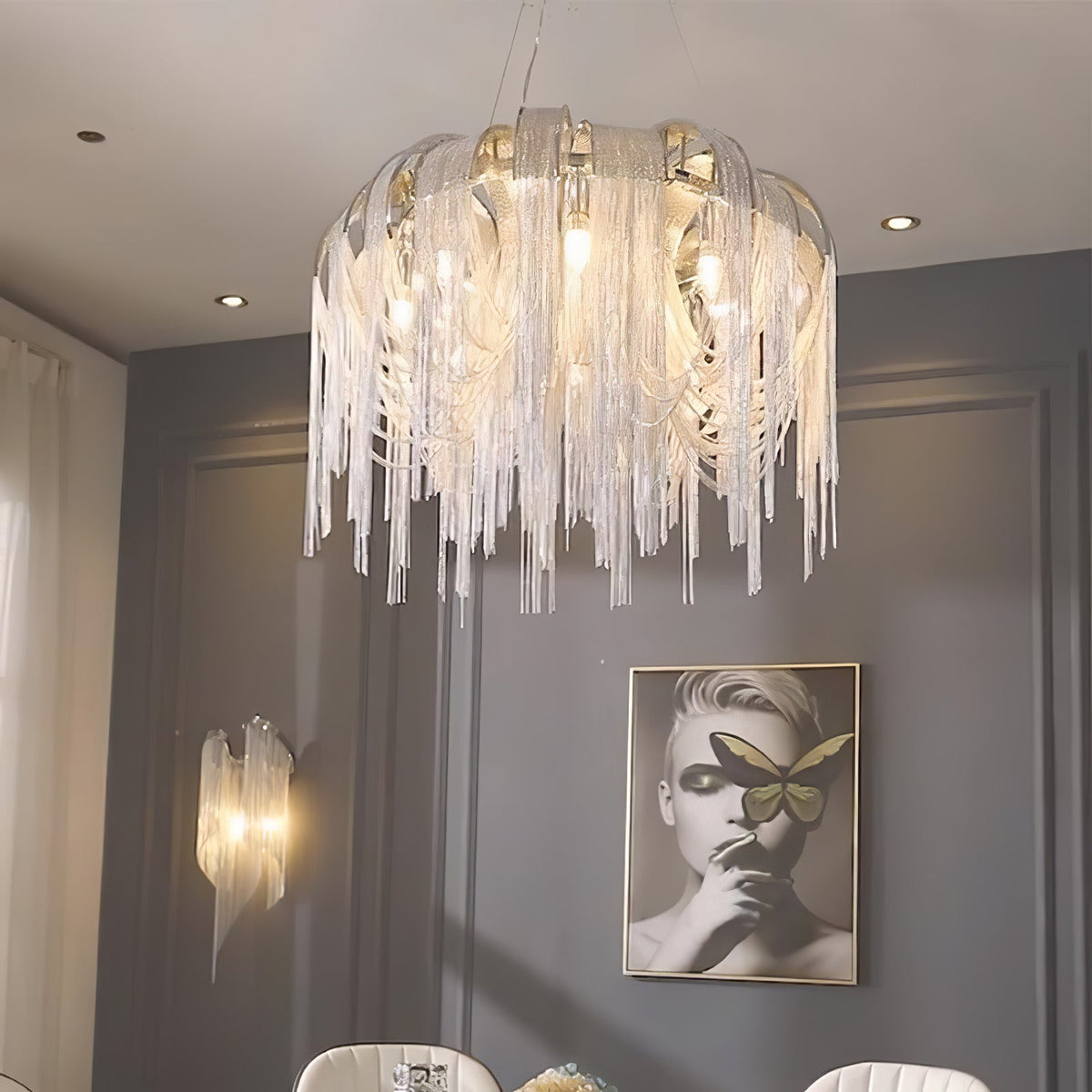 Tarien kroonluchter met gelaagde kettingen in nikklevering luxe