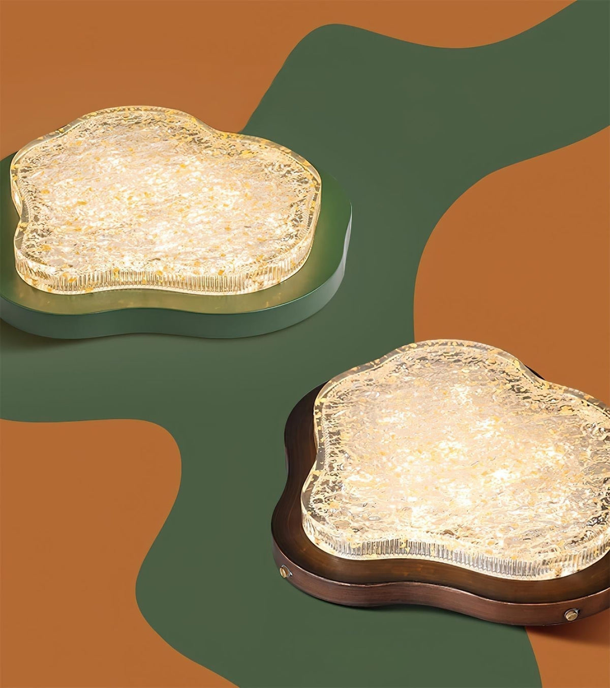 Plafondlamp met onregelmatige vorm van hars en goudbladeren, moderne kunst in groen