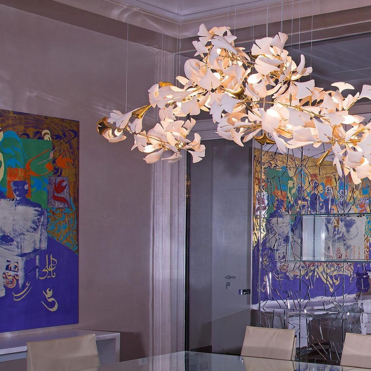 Ayla Kroonluchter Gingko Blad Keramiek Goudlichaam+Witbladeren met bloemblaadjes