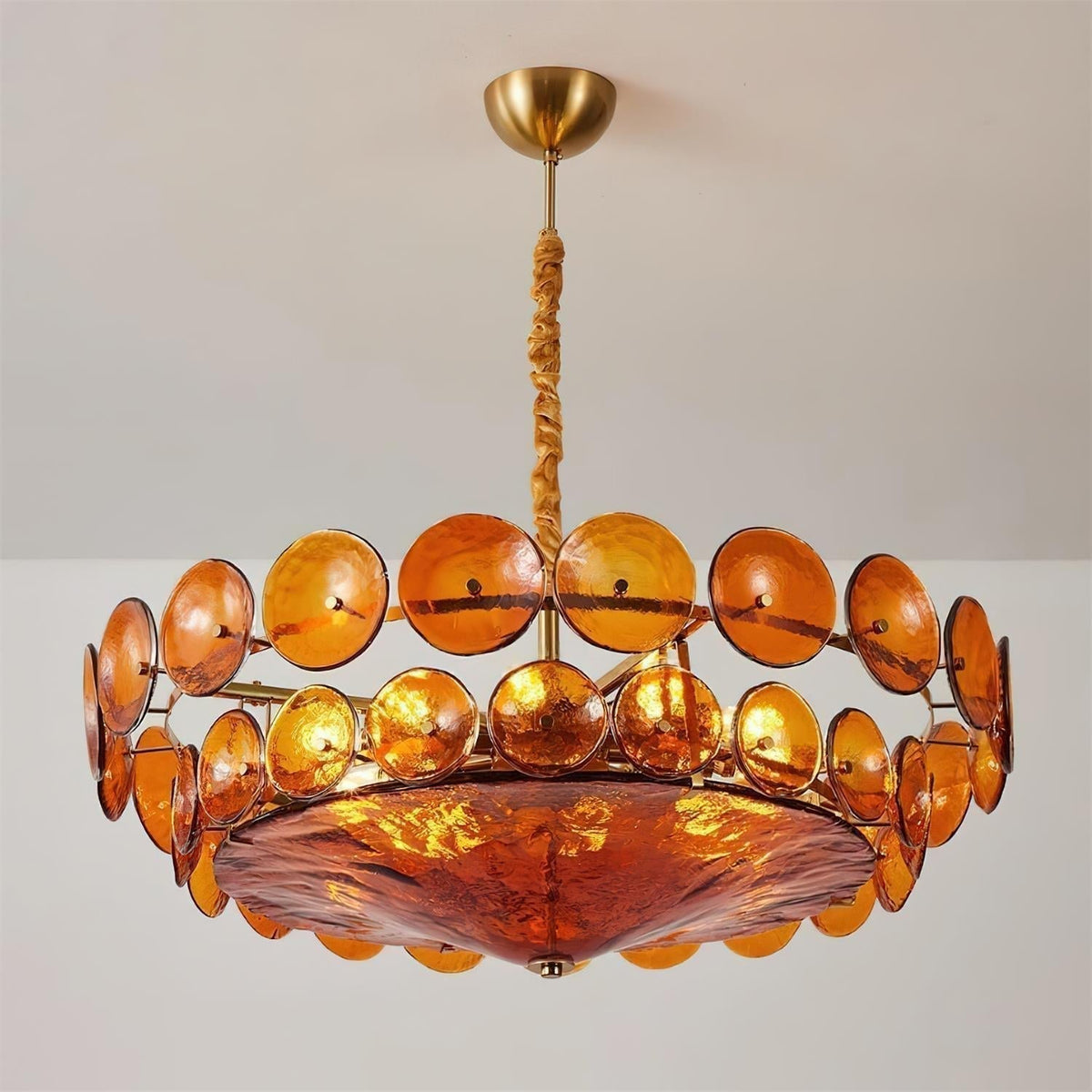 Selvora kroonluchter amber glas schijf elegant goud