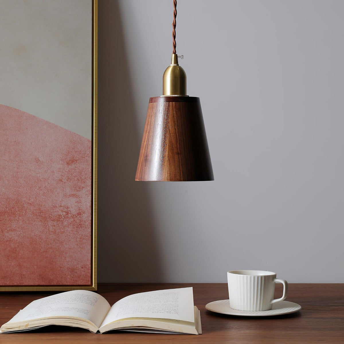 Sylinenne hanglamp van walnoothout en messing, modern voor de woonkamer
