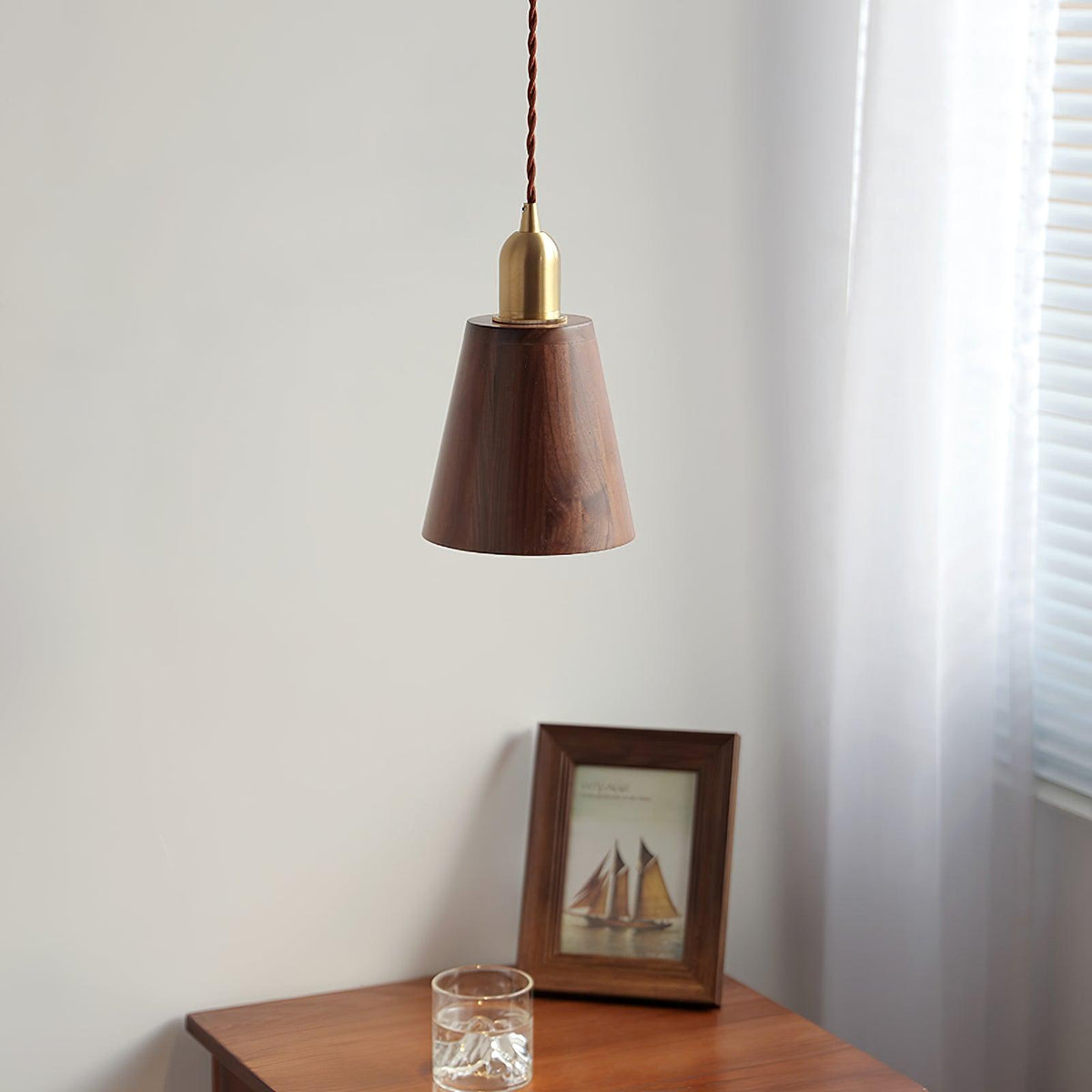 Sylinenne hanglamp van walnoothout en messing, modern voor de woonkamer