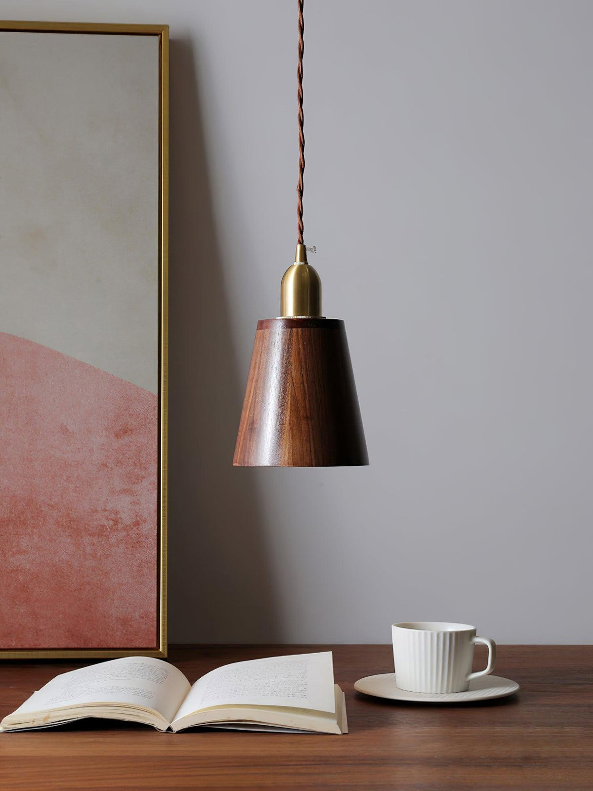 Sylinenne hanglamp van walnoothout en messing, modern voor de woonkamer