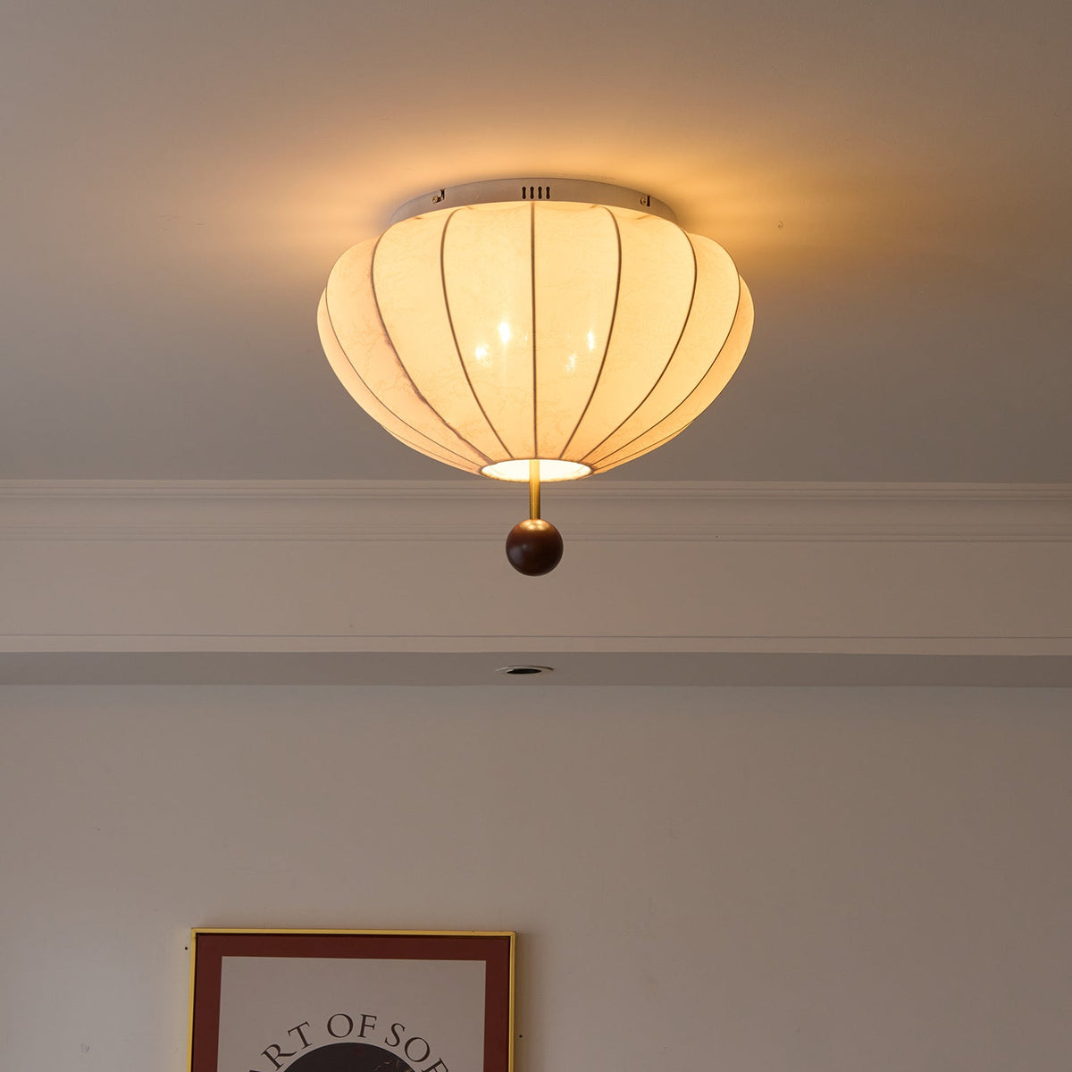 Rinelora plafondlamp van walnoothout en beige stof