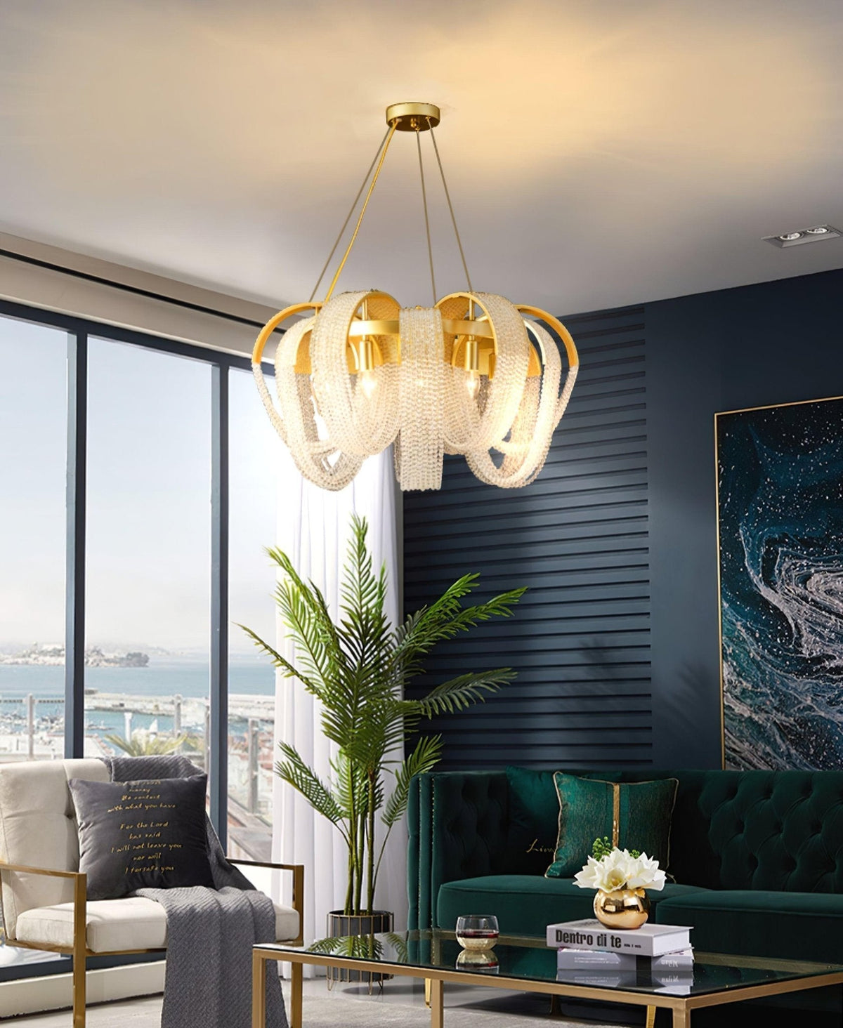 Siv kroonluchter met mesh kristal en gouden waterval-effect