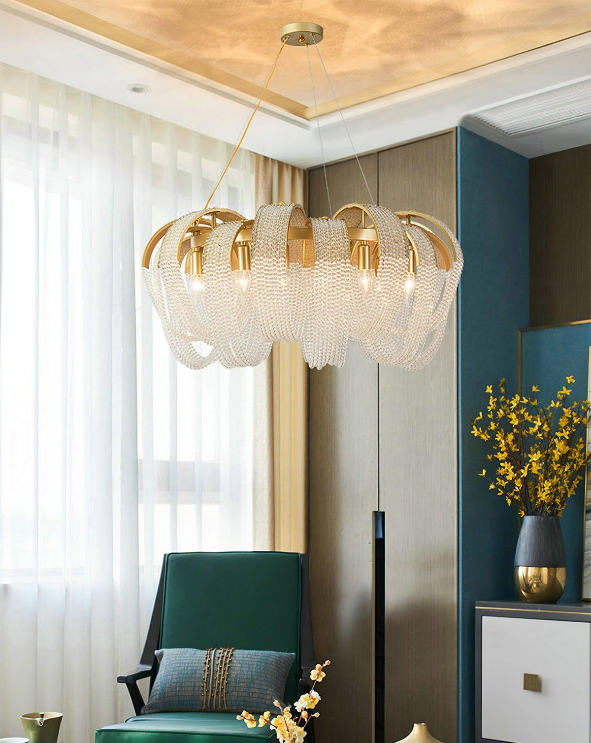 Siv kroonluchter met mesh kristal en gouden waterval-effect
