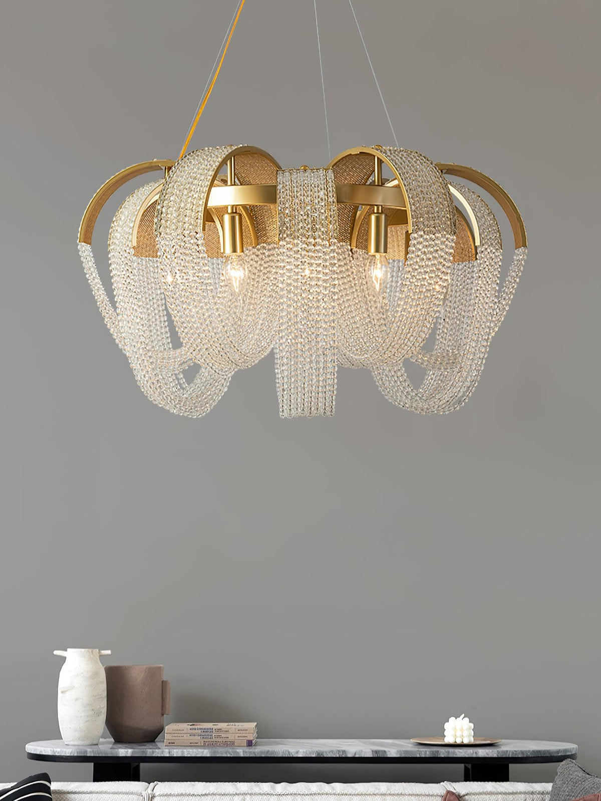 Siv kroonluchter met mesh kristal en gouden waterval-effect
