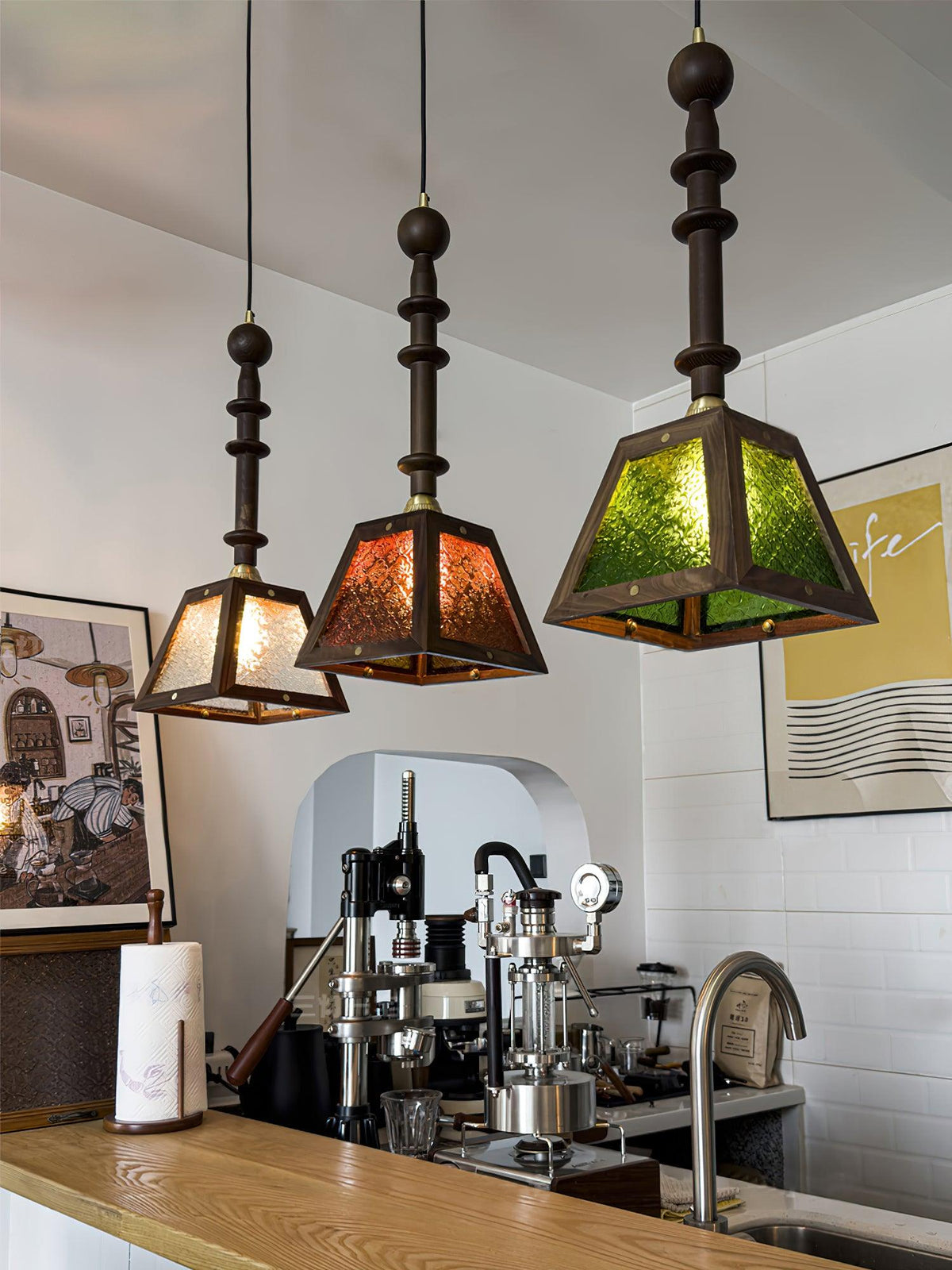 Zilten elegantie Vintage glas Hout hanglamp