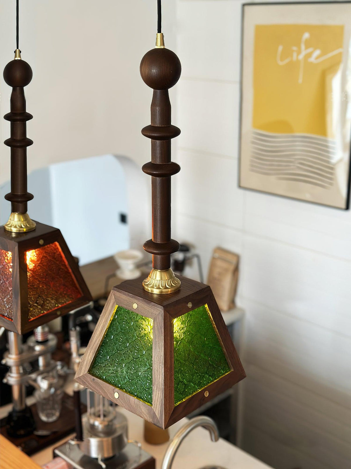 Zilten elegantie Vintage glas Hout hanglamp