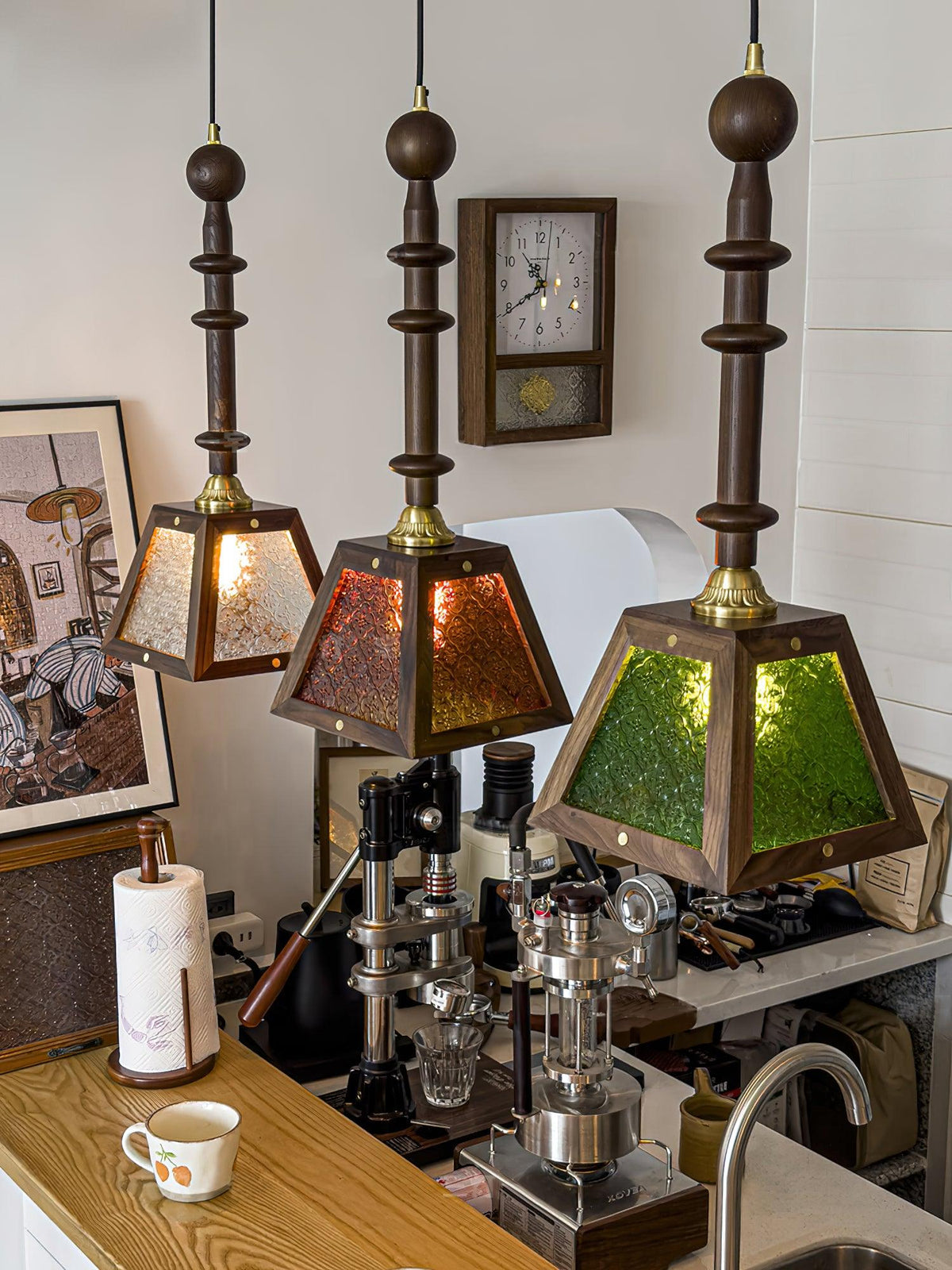 Zilten elegantie Vintage glas Hout hanglamp