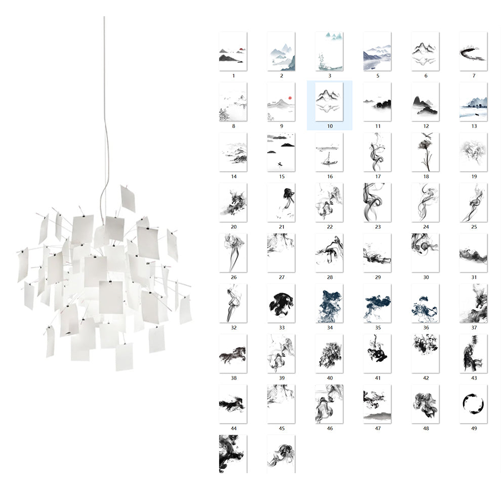 Moderne kroonluchter met kleurrijke witte kaarten en whimsisch ontwerp