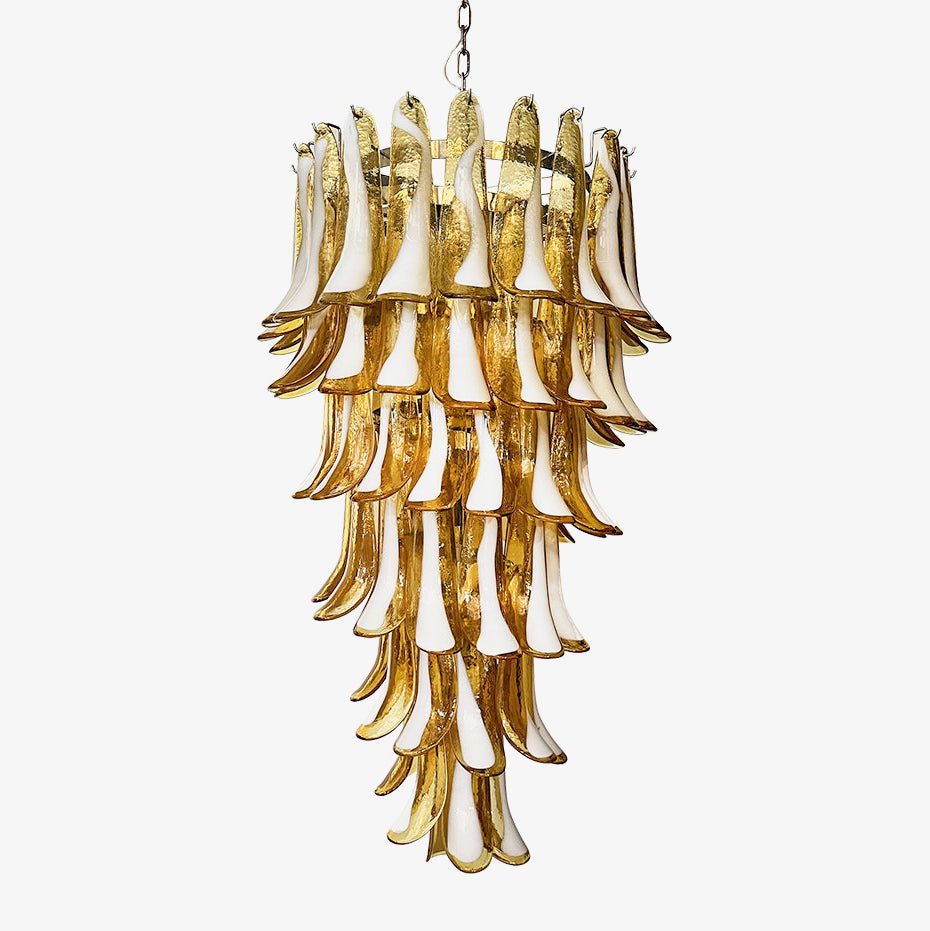 Lumenaine kroonluchter met amberkleurige Murano-spiralen en witte bloemblaadjes