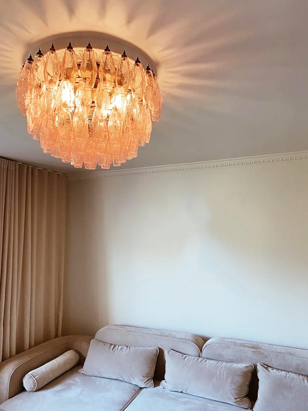 Evix plafondlamp van glas roze rhombusglas gelaagd vintage elegantie
